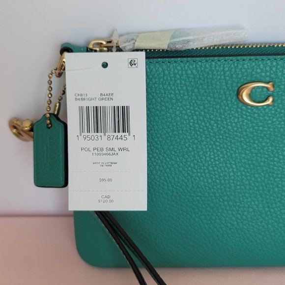 COACH Small Wristlet in Polished Pebbled Leather -Bright Green Color - Picture 15 of 16